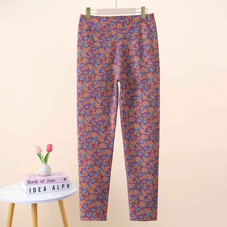 中老年女士秋冬碎花加绒加厚高腰保暖打底裤