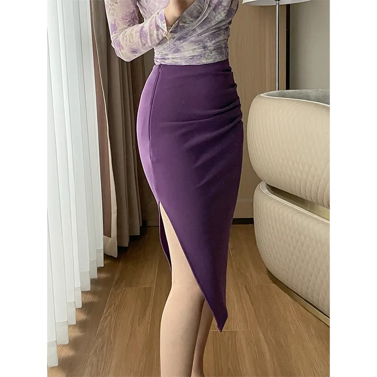 【高级葡萄紫】紫色高腰半身裙女夏轻熟风褶皱遮肚开叉性感包臀裙