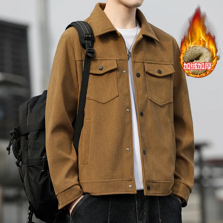 男士冬季加绒款潮流翻领休闲夹克加厚保暖外套秋冬男款高级外套