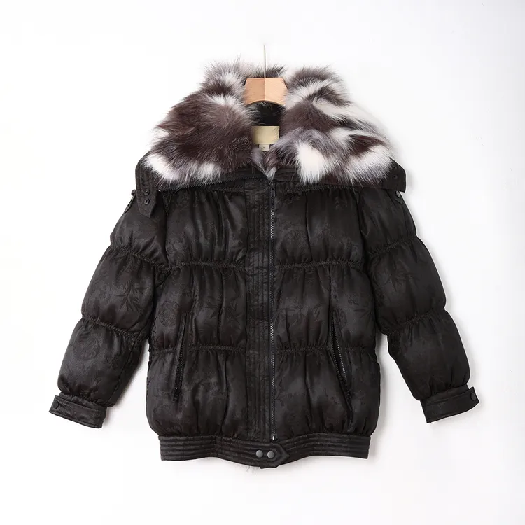 【澜亭絮絮】桑蚕丝香云纱重缎提花加厚鹅绒服拼接狐狸毛领LT163