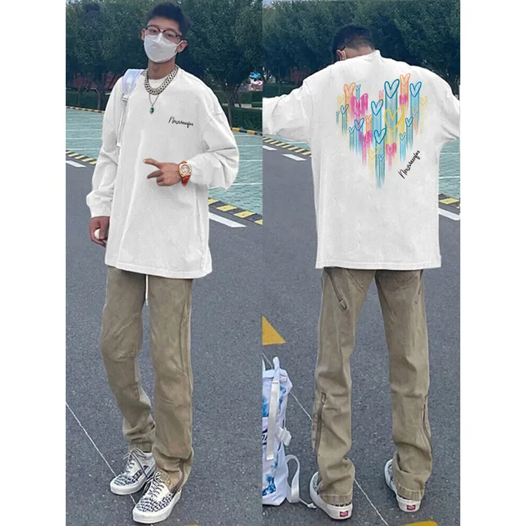 港风高街创意爱心印花长袖T恤男女秋冬宽松纯棉百搭痞帅打底上衣