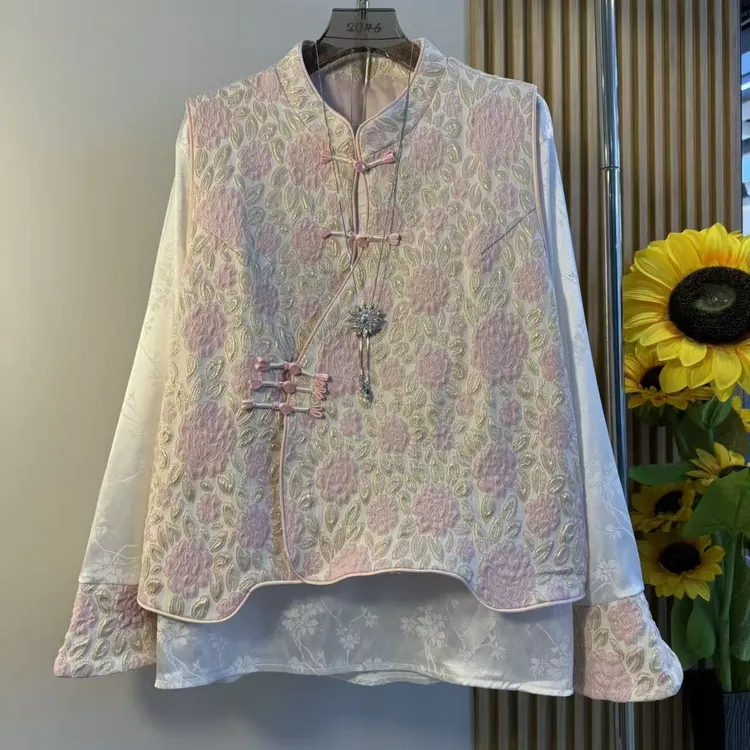 新中式国风马甲女胖妹妹冬新款盘扣气质无袖坎肩背心外搭上衣套装