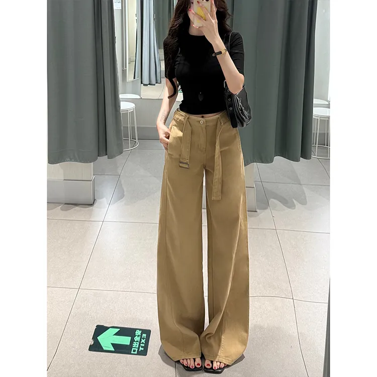 卡其腰带高腰阔腿牛仔裤女2025秋款慵懒休闲宽松百搭拖地裤蛮腰纪