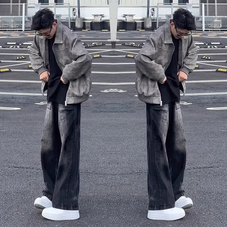 渐变水洗牛仔裤男款秋冬宽松显瘦加绒裤子美式高街直筒微喇阔腿