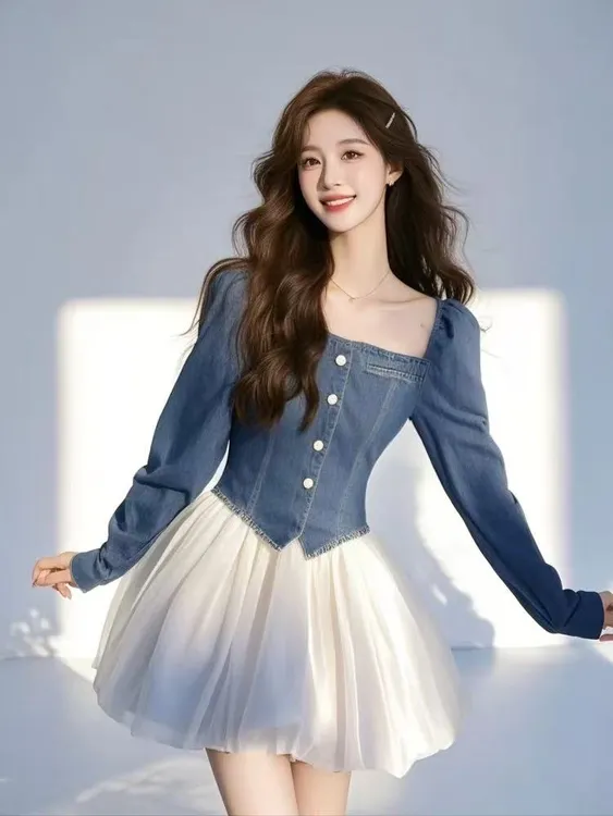 2025新款今年流行爆款富家千金高级感穿搭方领仿牛仔上衣半裙上衣