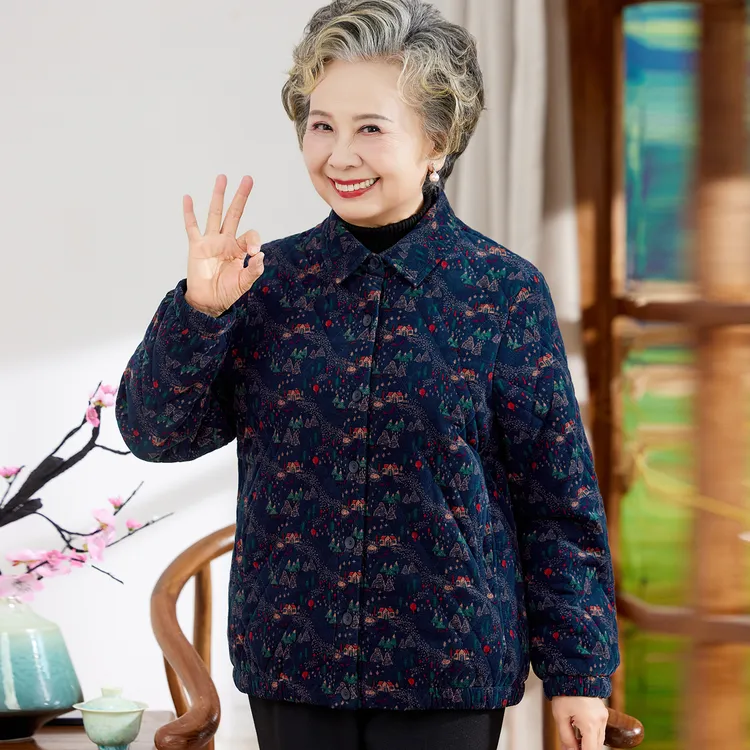 中老年人女妈妈灯芯绒秋冬外套夹棉奶奶轻薄款小棉袄纯棉条绒上衣