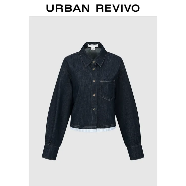 UR2026春季新款女装休闲翻领拼接条纹短款牛仔衬衫UYL850202