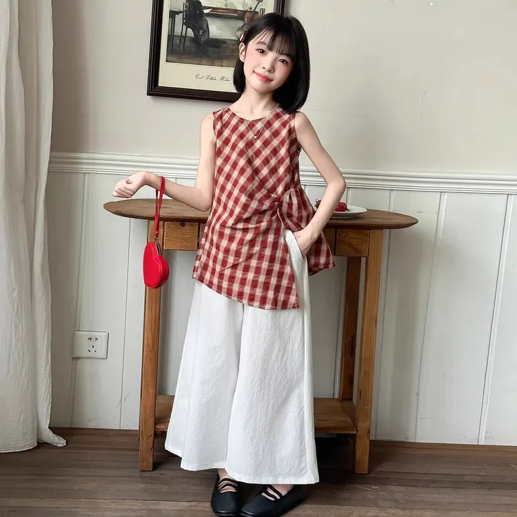 女童无袖套装夏季2025新款女孩大童洋气时髦夏装韩系阔腿裤两件套