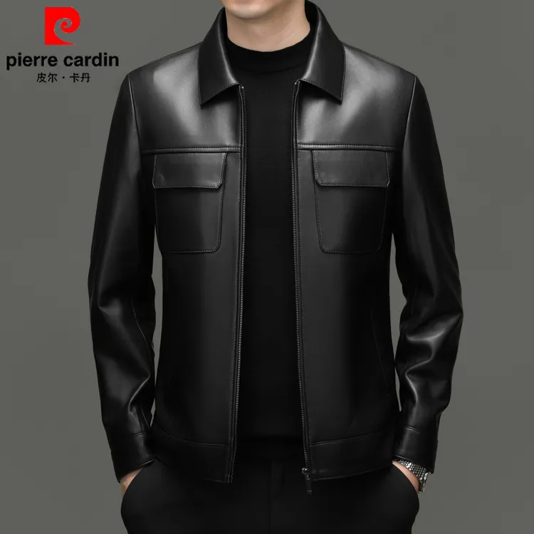 皮尔卡丹真皮皮衣高端男士外套头层绵羊皮秋季海宁皮夹克翻领