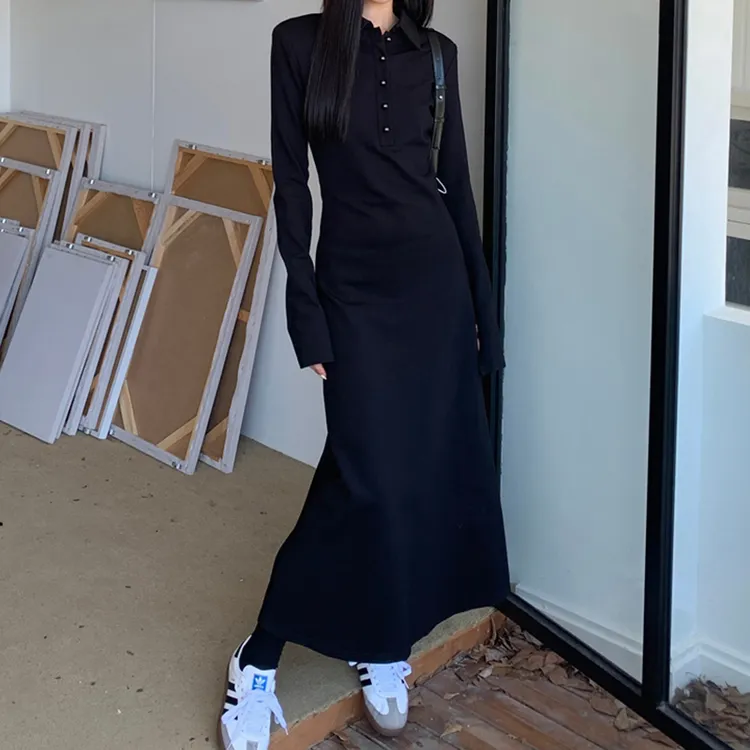 法式黑色衬衫polo领连衣裙女秋季新款长袖收腰修身显瘦气质长裙