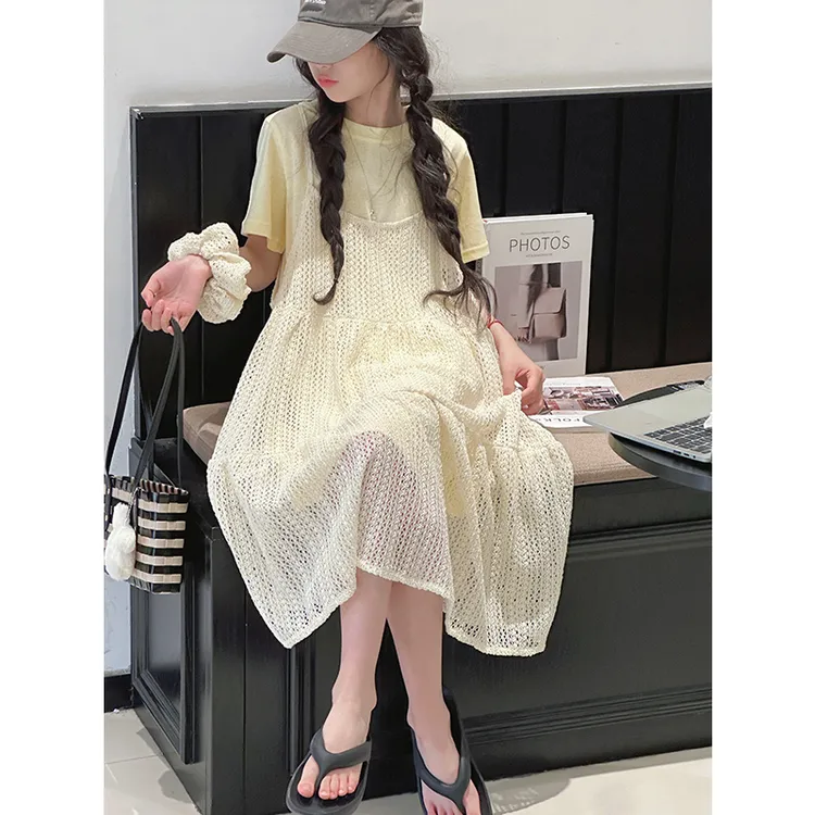 K28920镂空吊带女童套装裙2025新款夏装儿童短袖休闲两件套时髦潮