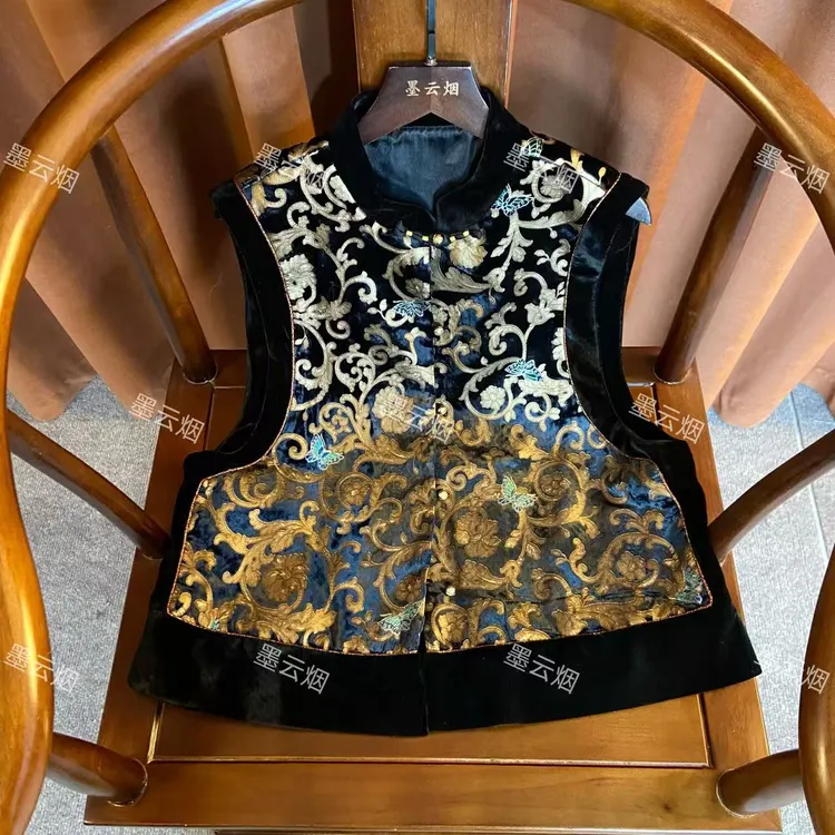 【遥临】新中式秋冬丝绒马甲刺绣高档中国风盘扣厚款圆领复古坎肩