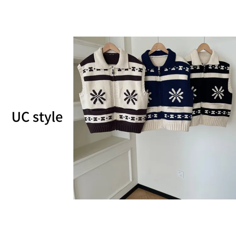 【UCSTYLE】‘费尔岛’复古提花翻领拼色针织马甲