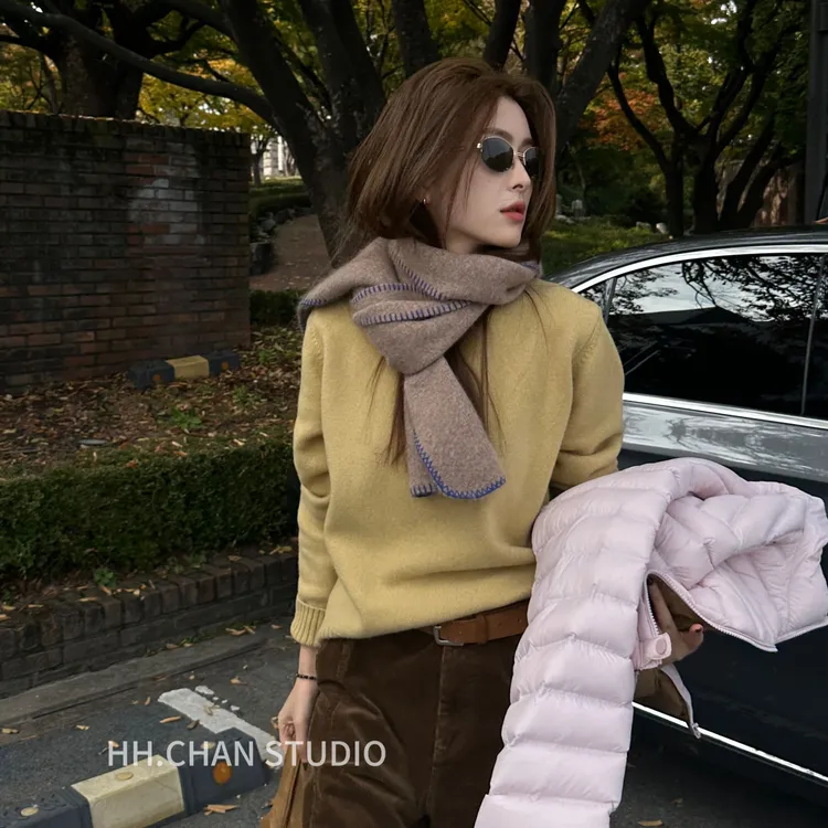 HH.CHAN“软糯宝”100%绵羊毛圆领钩针暖黄色显瘦毛衣HH53G39891