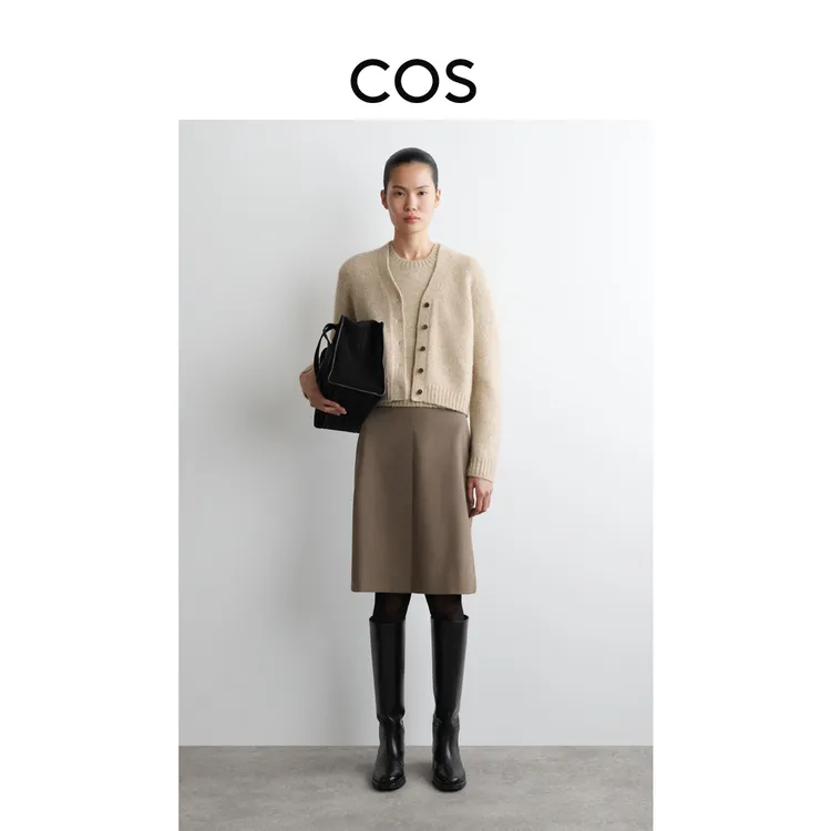 COS女装 标准版型短款羊驼毛混纺开衫米色2025秋季新品1294202002
