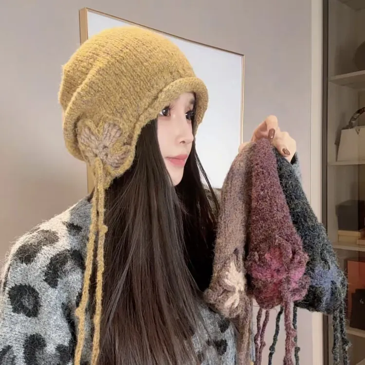 复古手工流苏针织帽子女秋冬季保暖时尚百搭新款毛线帽慵懒堆堆帽