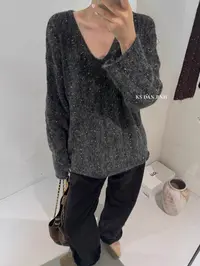 /深灰彩豆/V领宽松长袖针织衫套头打底毛衣 胸围52 衣长56 ZY01