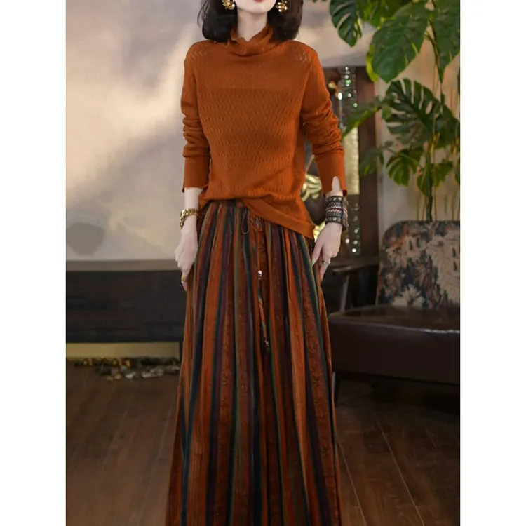 气质减龄裙套装女2025秋季新款极简风百搭纯色显瘦针织衫+半身裙