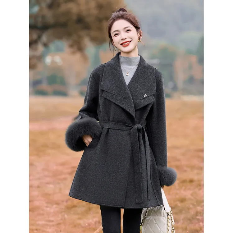 气质灰色双面羊毛大衣女中长款2025秋冬新款系带收腰显瘦毛呢外套