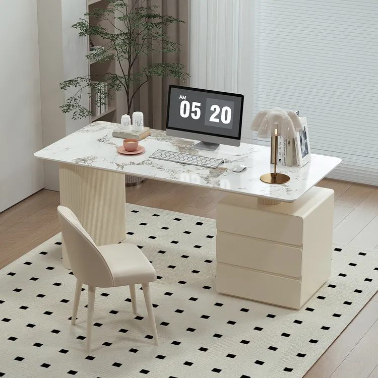 奶油风岩板书桌电脑桌卧室家用桌子学生写字桌现代简约轻奢办公桌