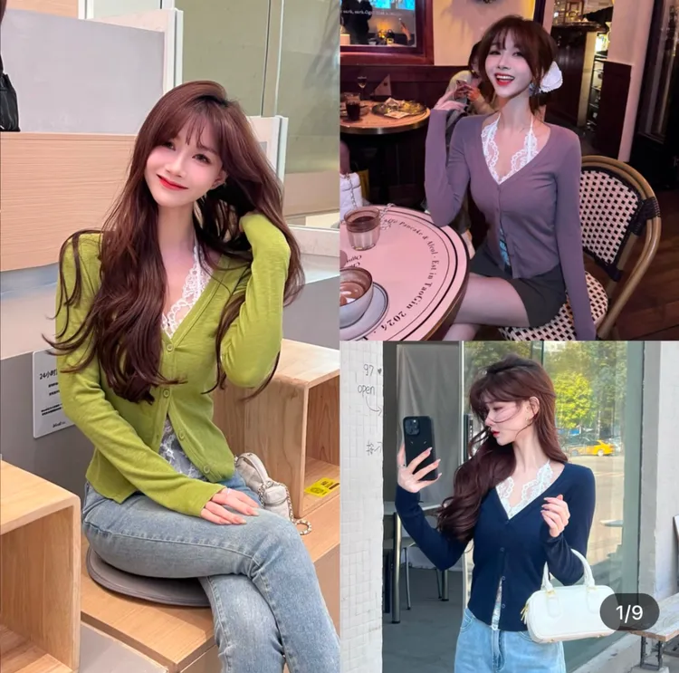 《早春线 纯欲捕手》8158睫毛蕾丝吊带拼接V领开衫假两件T恤