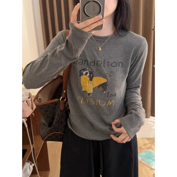 芯娇晴复古卡通狗狗印花灰色磨毛长袖女秋季正肩t恤长袖上衣内搭