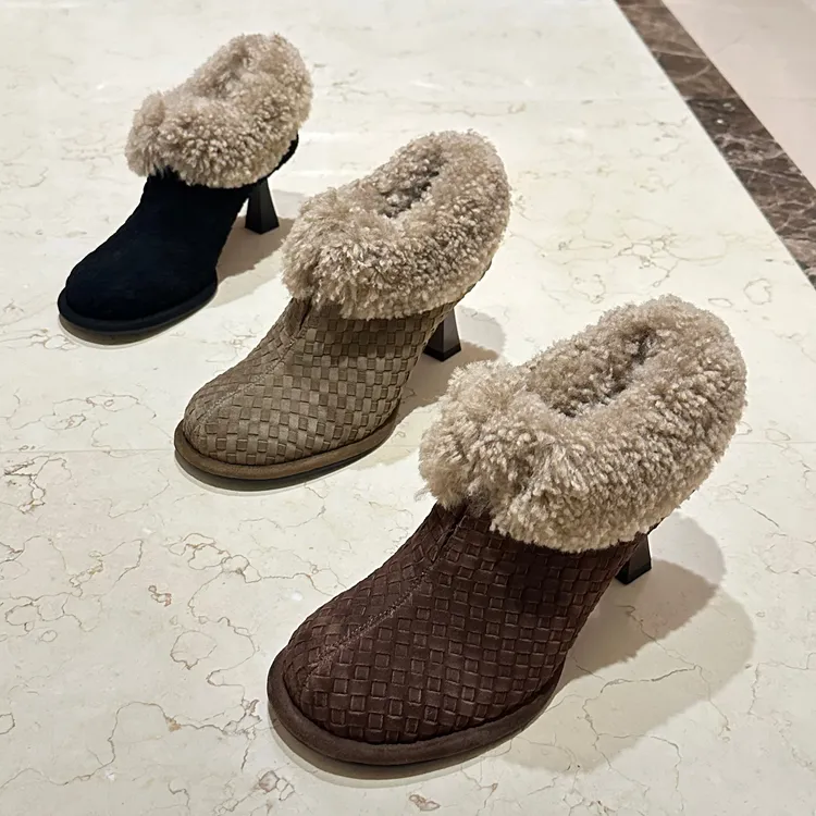 【冬季新款】秋冬季编织羊皮羊羔毛口加绒保暖细高跟棉靴棉瓢女鞋