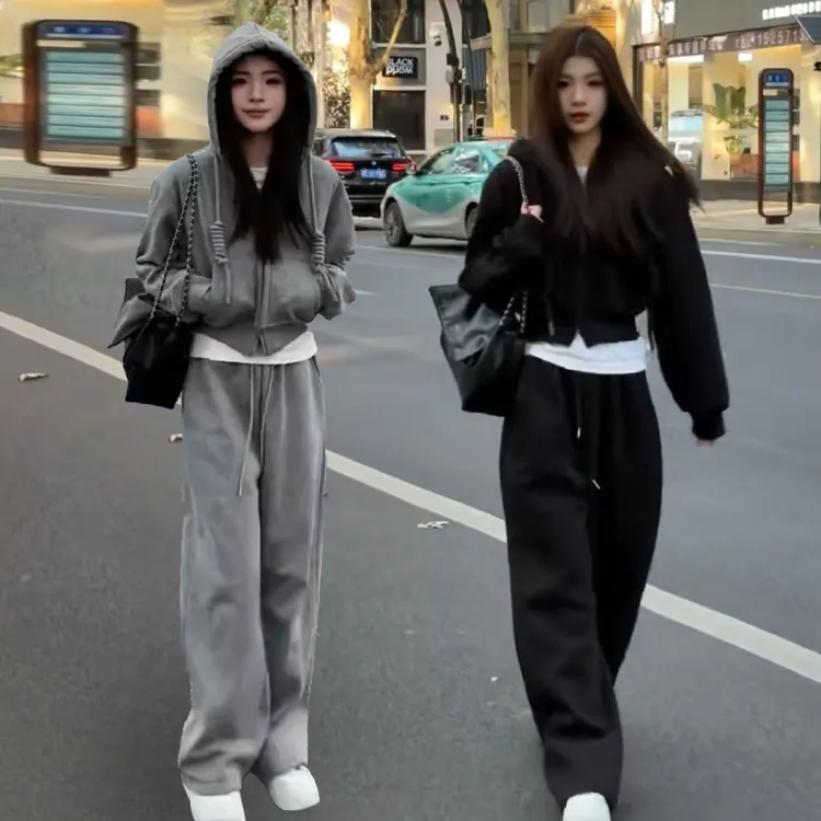 春秋新款双拉链显瘦运动套装女设计感长袖收腰连帽卫衣外套阔腿裤