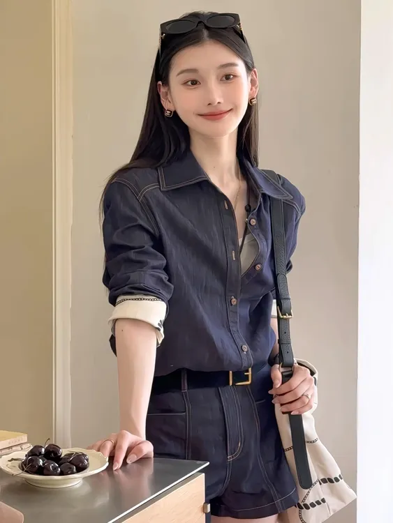 时尚套装秋季休闲蓝色宽松田园风牛仔气质衬衫百搭显瘦网红洋气