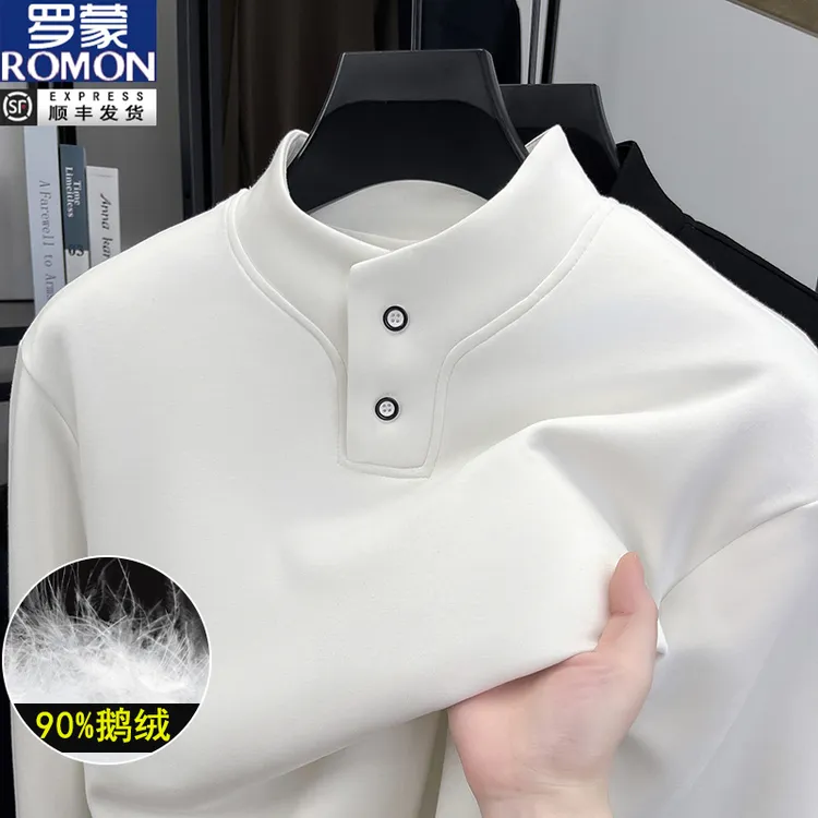 罗蒙90白鹅绒保暖立领圆领t恤男长袖秋冬季青年宽松羽绒加绒卫衣