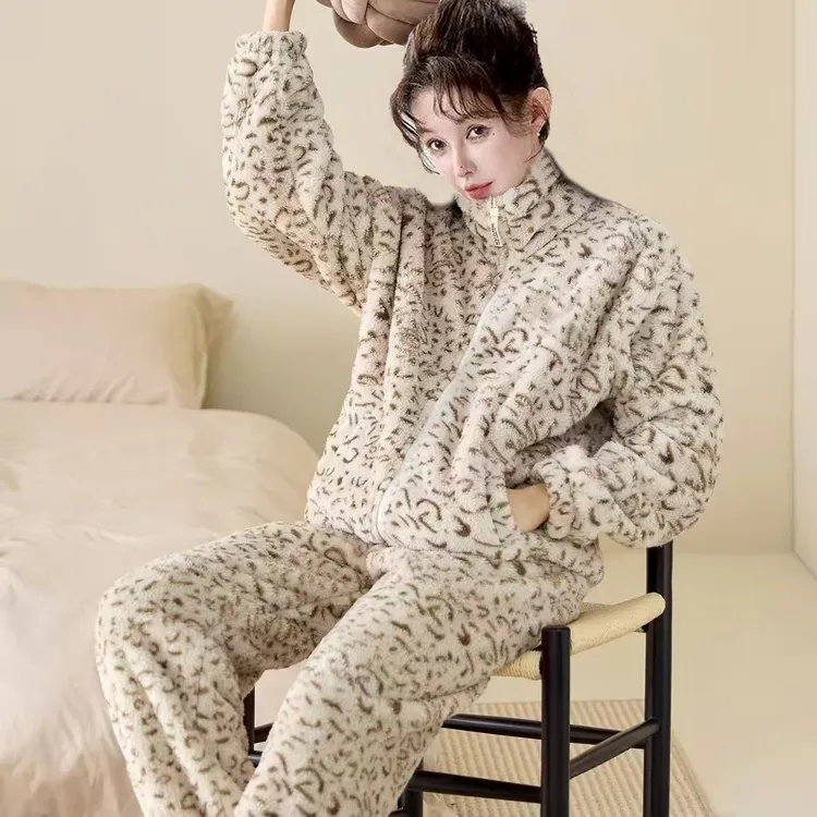 【云感豹纹】加绒加厚云感韩版锁温女加绒冬立领睡衣舒适家居服7799