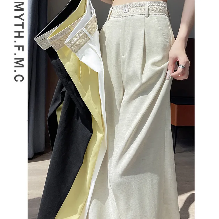 夏天亚麻西装裤子女夏季薄款2025新款宽松直筒冰丝高腰阔腿裤垂感