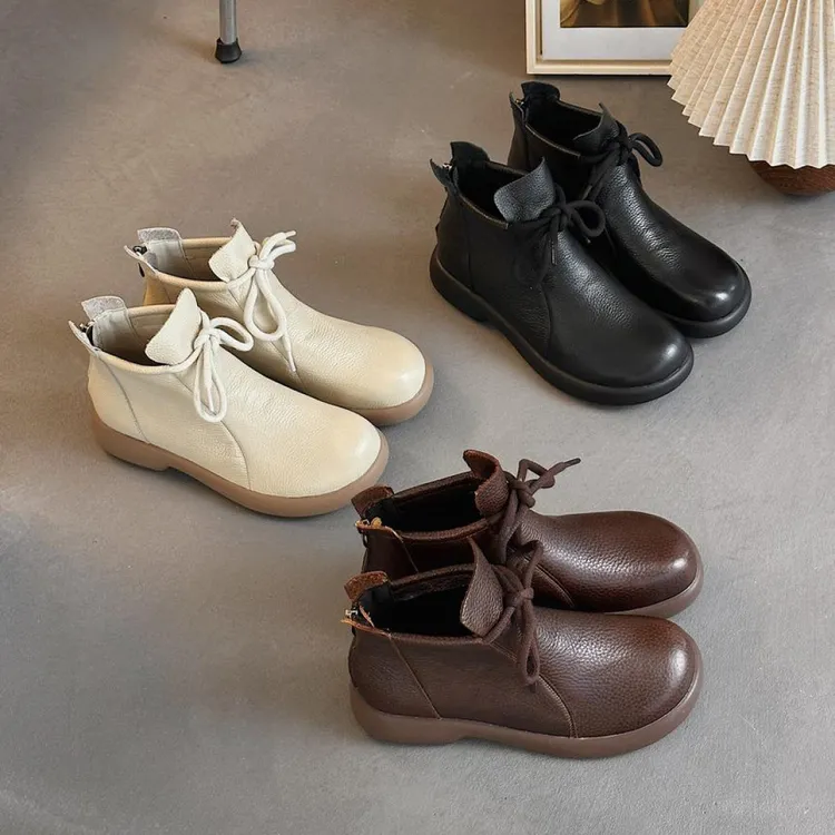 康太后头层牛皮冬季加绒马丁靴女短款复古软底防滑舒适平底妈妈鞋
