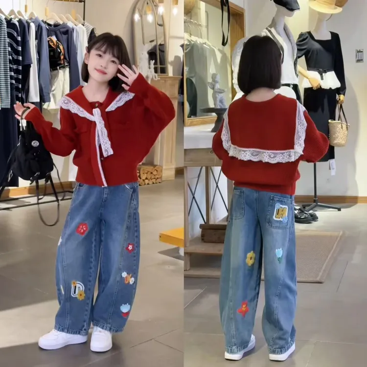 女童秋装套装2025新款儿童时尚蕾丝拼接披肩毛衣宽松牛仔裤两件套