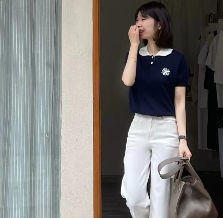 时尚小雏菊刺绣拼色娃娃领短袖T恤女夏新款小个子上衣休闲裤套装