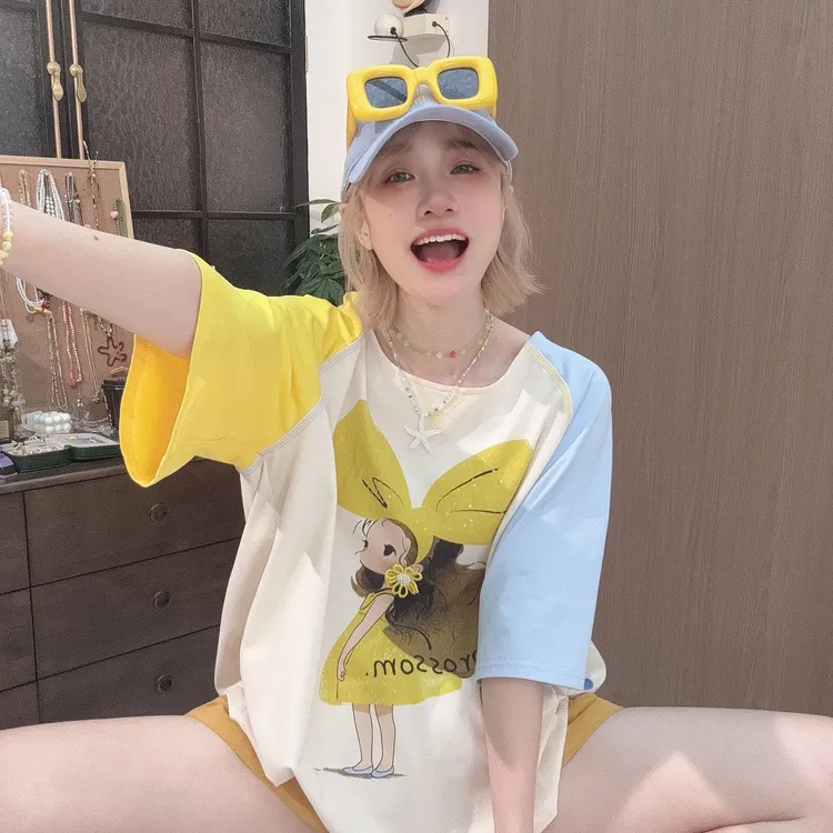 Apr.【蝴蝶少女】插肩袖撞色镂空百搭夏季凉爽口袋宽松T恤女25F113