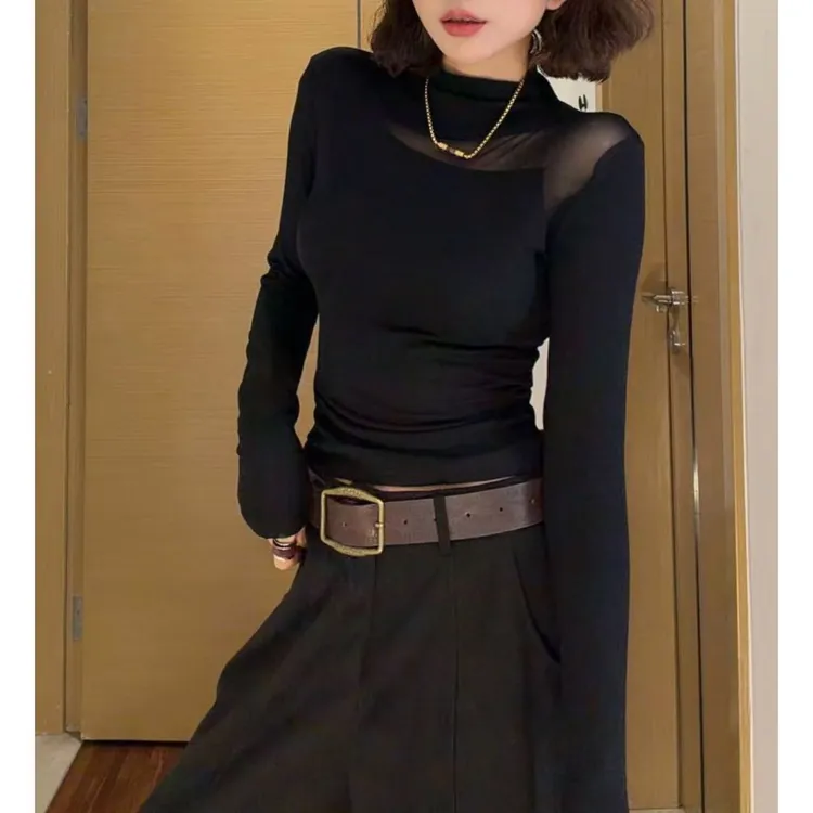 【婷婷家】小个子加绒磨毛半高领网纱拼接打底上衣#1323