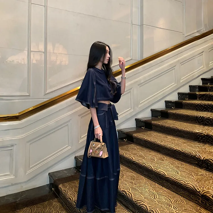 江浙沪千金穿搭漂亮冷淡系气场强大轻熟御姐蓝色牛仔连衣裙套装秋