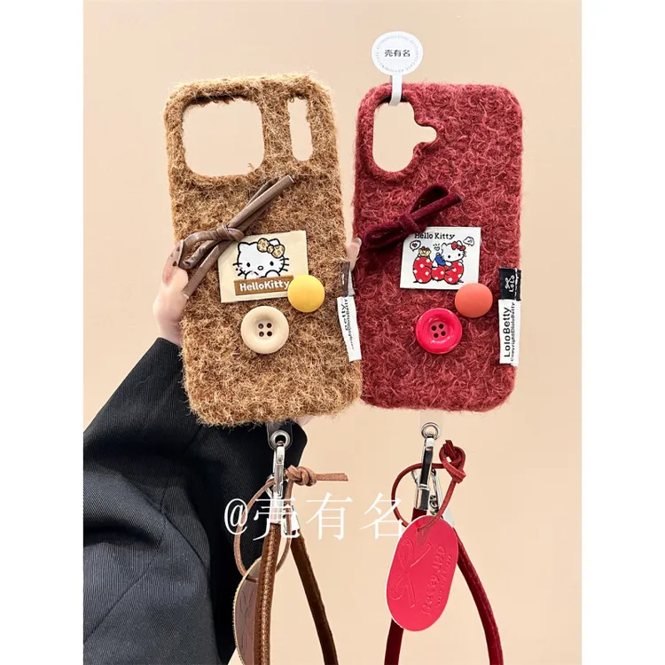 韩系立体纽扣蝴蝶结kitty挂绳适用苹果17手机壳iPhone16/15秋冬14