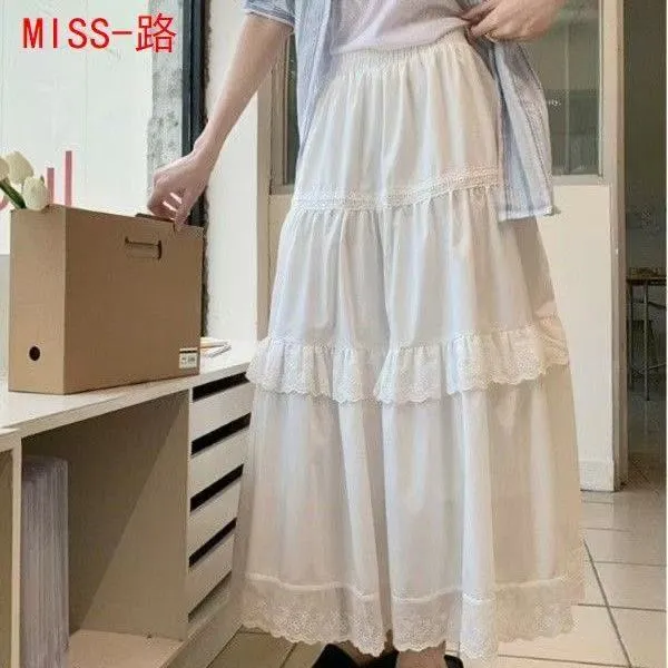 白色长裙女半身裙春夏a字仙气高腰蕾丝花边裙子女小个子半身裙