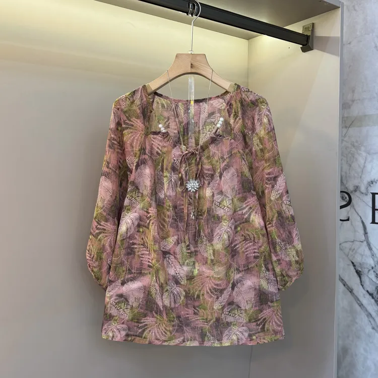 早秋气质时尚复古风大码女装别针串珠系带款百搭2025显瘦上衣2515