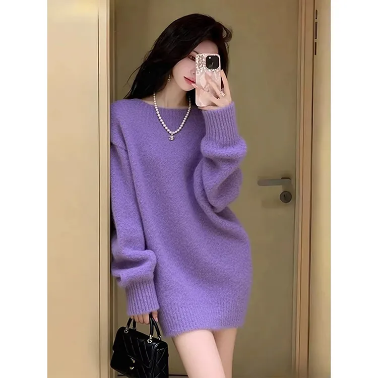 慵懒风紫色套头针织衫女装2026冬季新款时尚通勤减龄宽松软糯毛衣