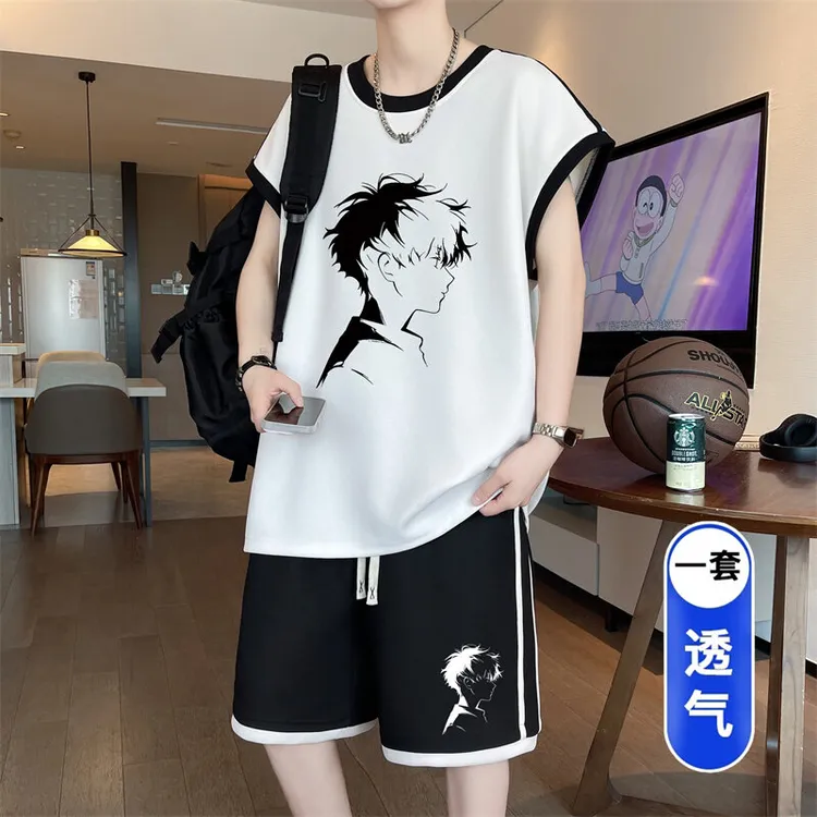 两件装青少年无袖套装ins时尚韩版休闲运动一套衣服男学生t恤套装