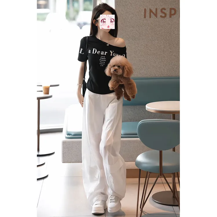 盐系减龄穿搭斜领短袖t恤高腰直筒休闲裤子韩版时尚夏季气质套装