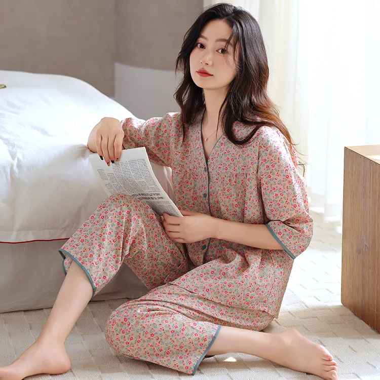 2025年春夏季新款睡衣女春秋款秋天宽松七分袖休闲家居服夏季薄款