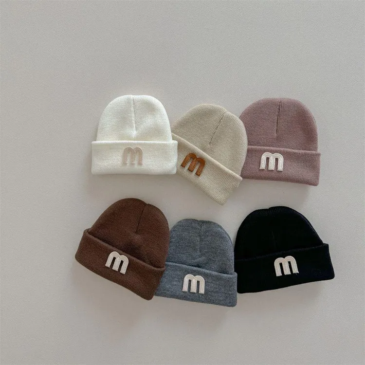 宝宝帽子秋冬季婴幼儿简约风字母帽韩版洋气婴儿针织帽百搭毛线帽