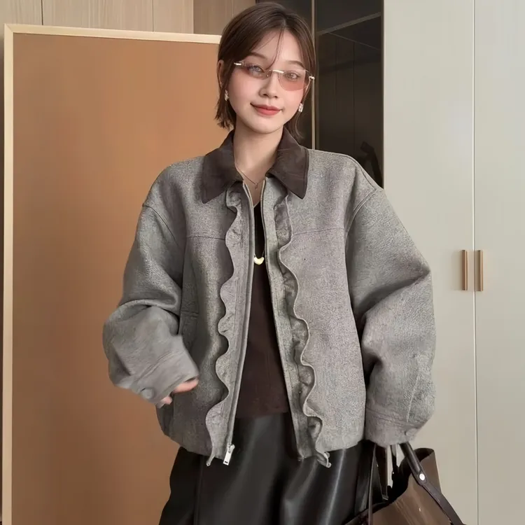 复古木耳边翻领毛呢外套女2025秋季大码胖MM洋气减龄显瘦夹克