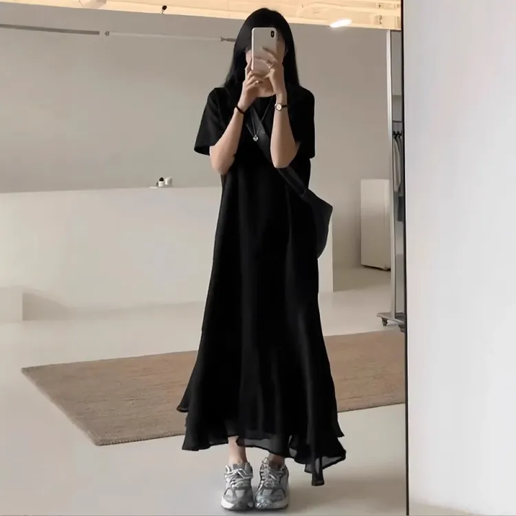 大码女装秋季法式赫本风鱼尾连衣裙胖mm小众设计感遮肉显瘦小黑裙