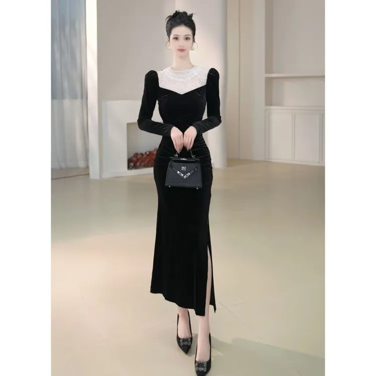 沐子的轻奢私藏【Mu/zi21580】显瘦气质法式修身复古长款宴会连衣裙