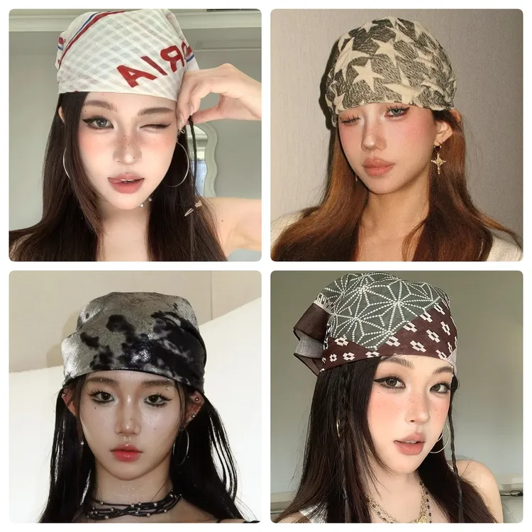 美式头巾潮酷女士时尚包头巾复古千禧辣妹方巾时髦搭配丝巾女y2k